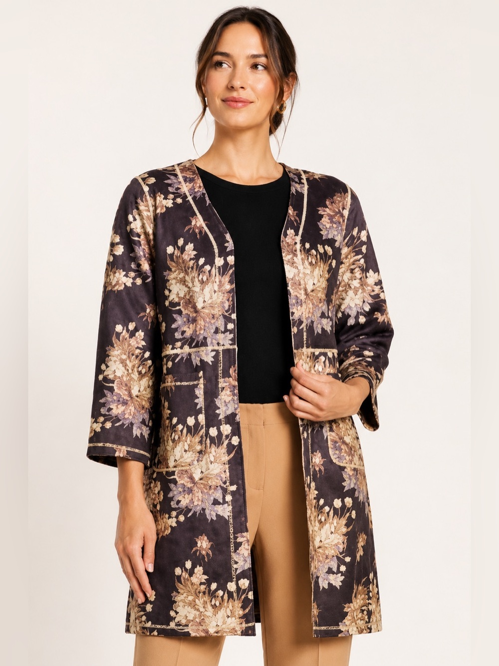 New Chelsea & Theodore Faux Leather Floral Print Open Front Jacket 2X‎ Lagenlook